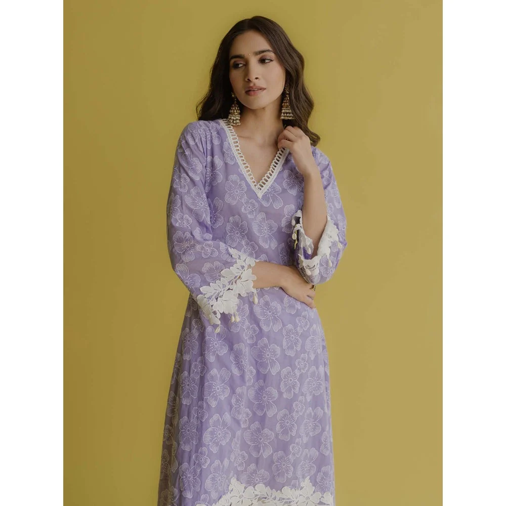 Old Marigold Noor Lavender Cotton Floral Kurta With Pant (Set of 2) - Image 5