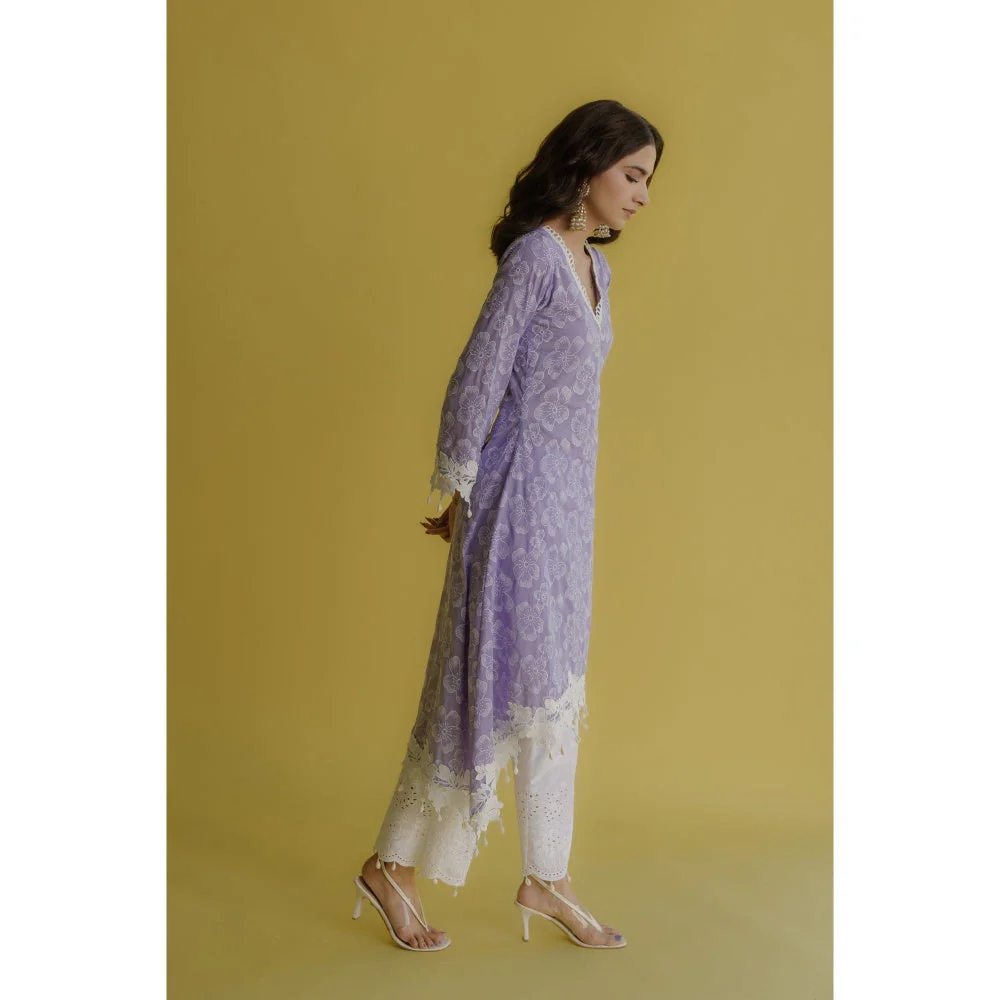 Old Marigold Noor Lavender Cotton Floral Kurta With Pant (Set of 2) - Image 6