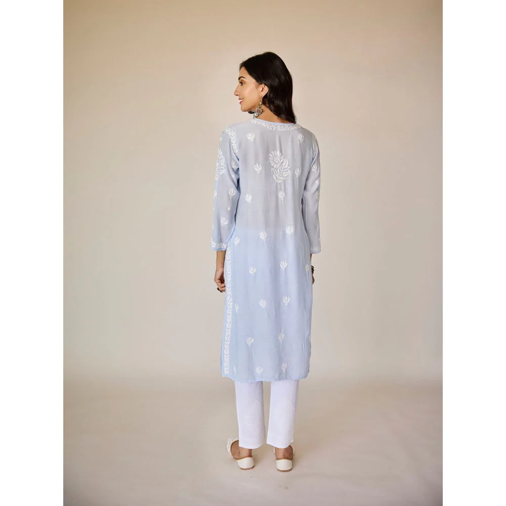 Old Marigold Paolo Powder Blue Muslin Hand Embroidered Chikankari Kurta - Image 2