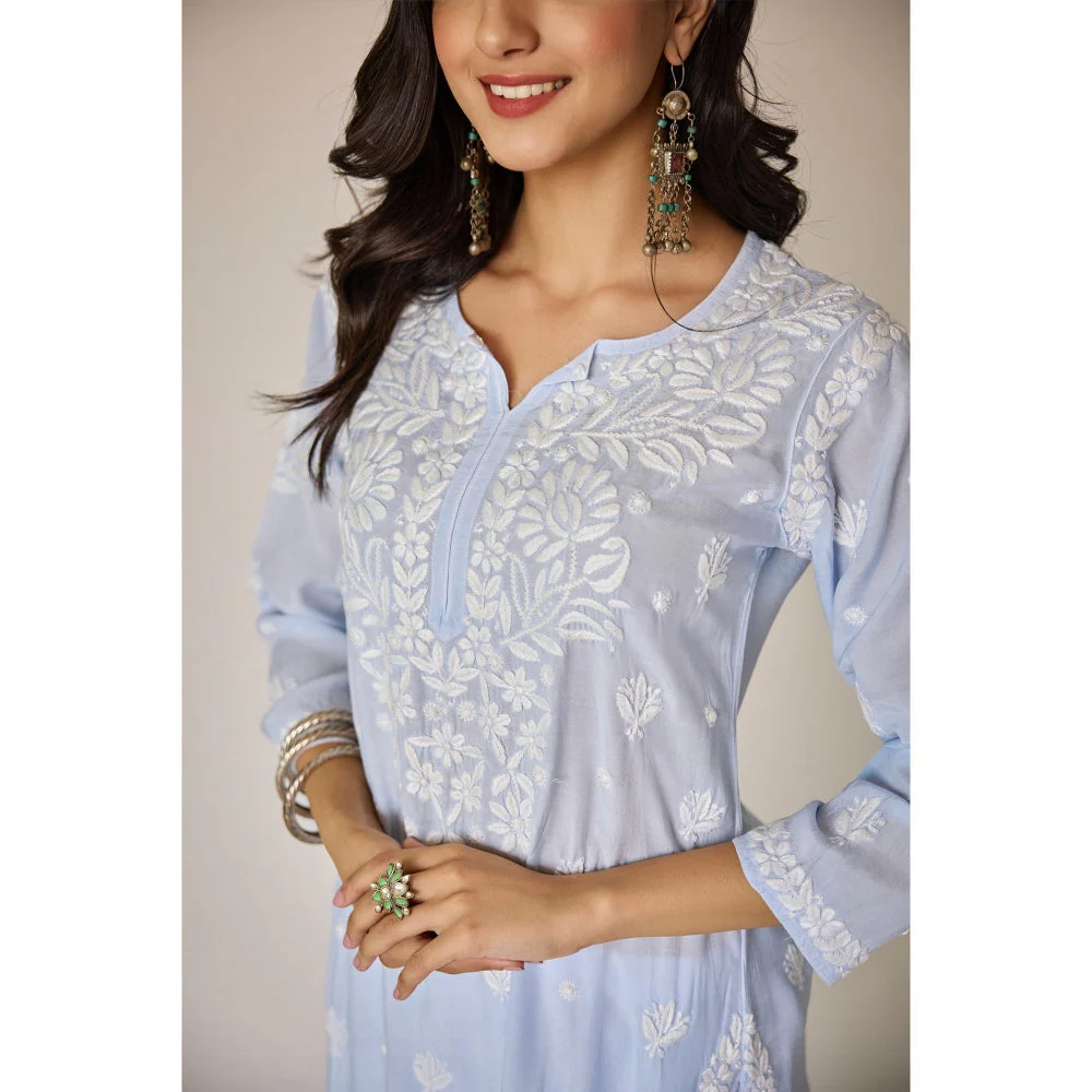 Old Marigold Paolo Powder Blue Muslin Hand Embroidered Chikankari Kurta - Image 4