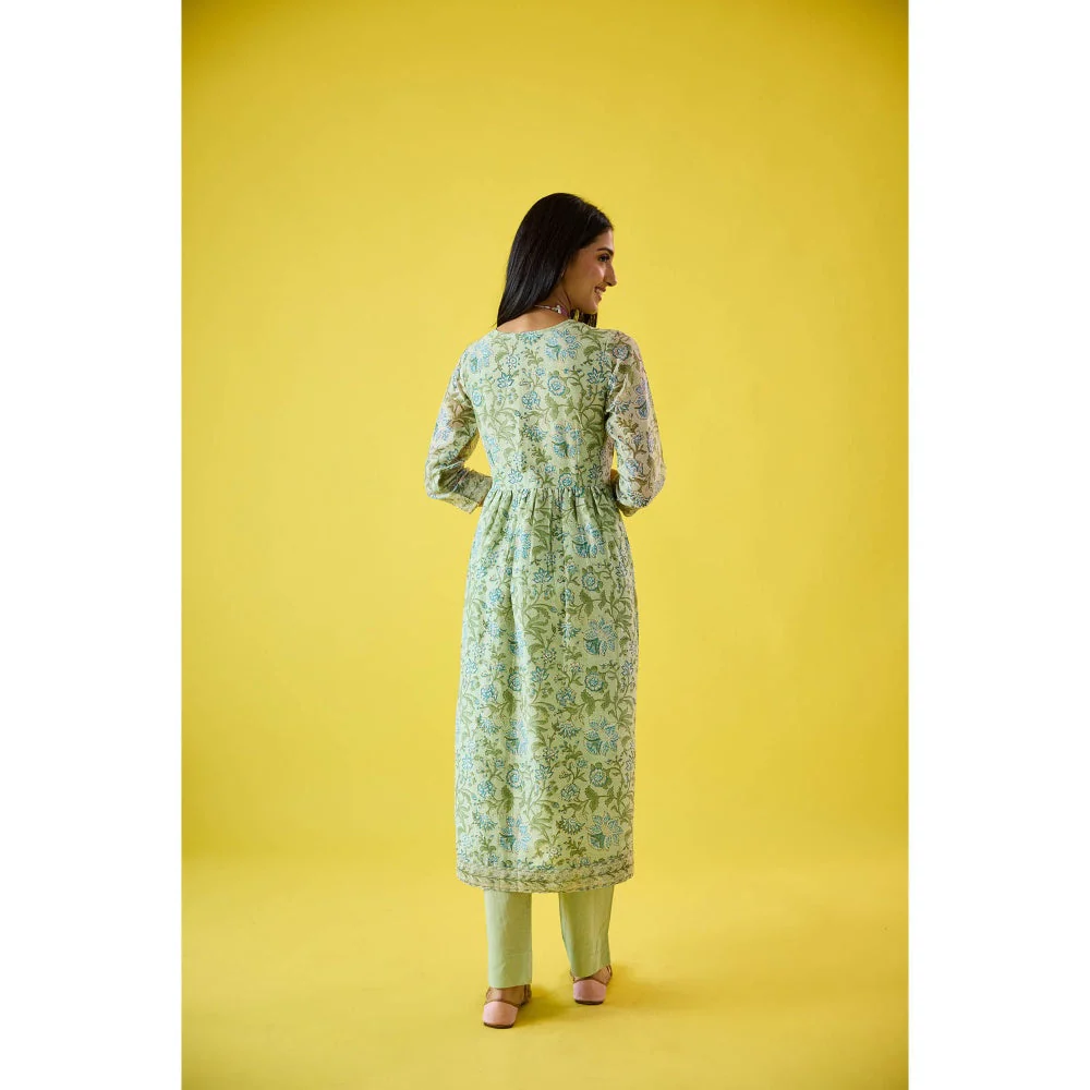 Old Marigold Surmayee Mint Green Chanderi Hand Embellished Kurta Pant & Dupatta (Set of 3) - Image 8