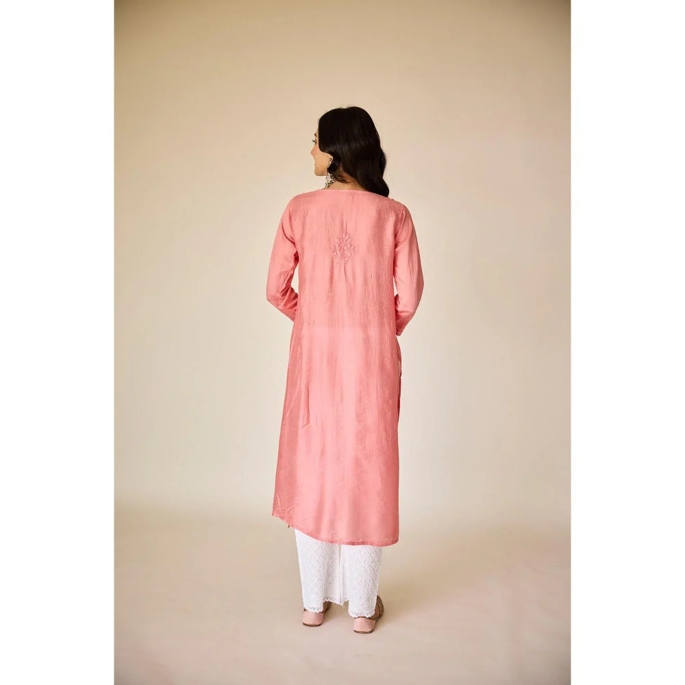 Old Marigold Tala Peach Chanderi Hand Embroidered Chikankari Kurta - Image 2