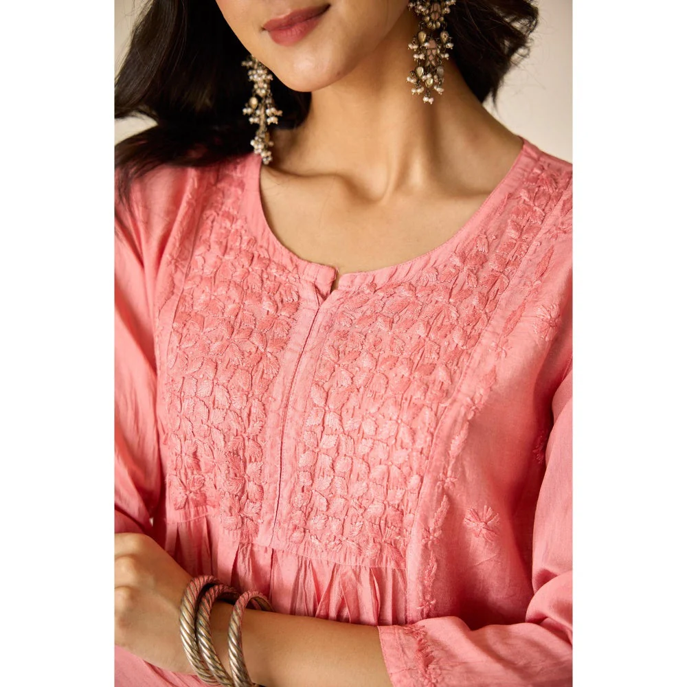 Old Marigold Tala Peach Chanderi Hand Embroidered Chikankari Kurta - Image 3