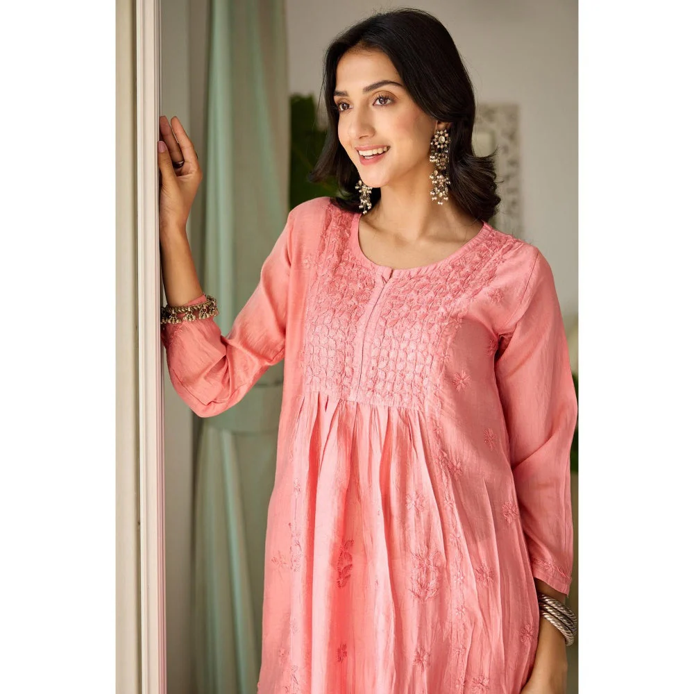 Old Marigold Tala Peach Chanderi Hand Embroidered Chikankari Kurta - Image 7