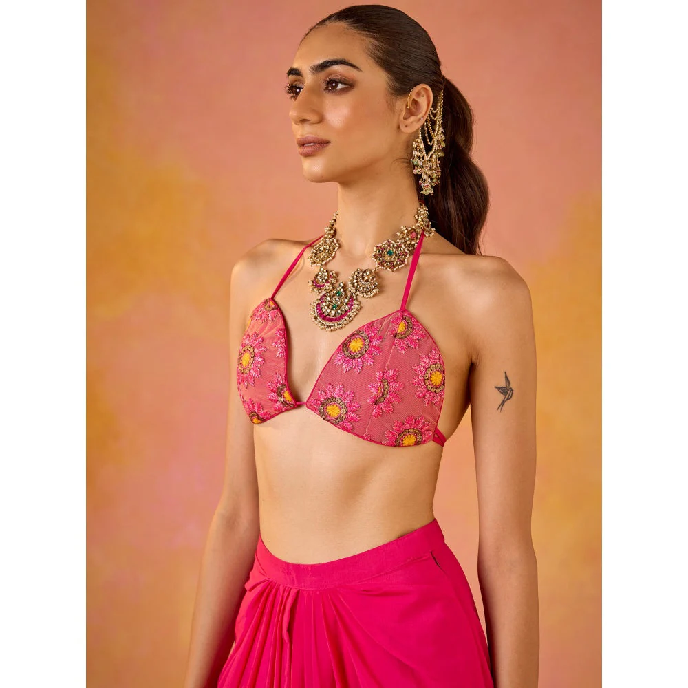 Old Marigold Zeba Hot Pink Embroidered Blouse & Crepe Skirt with Cape (Set of 3) - Image 5