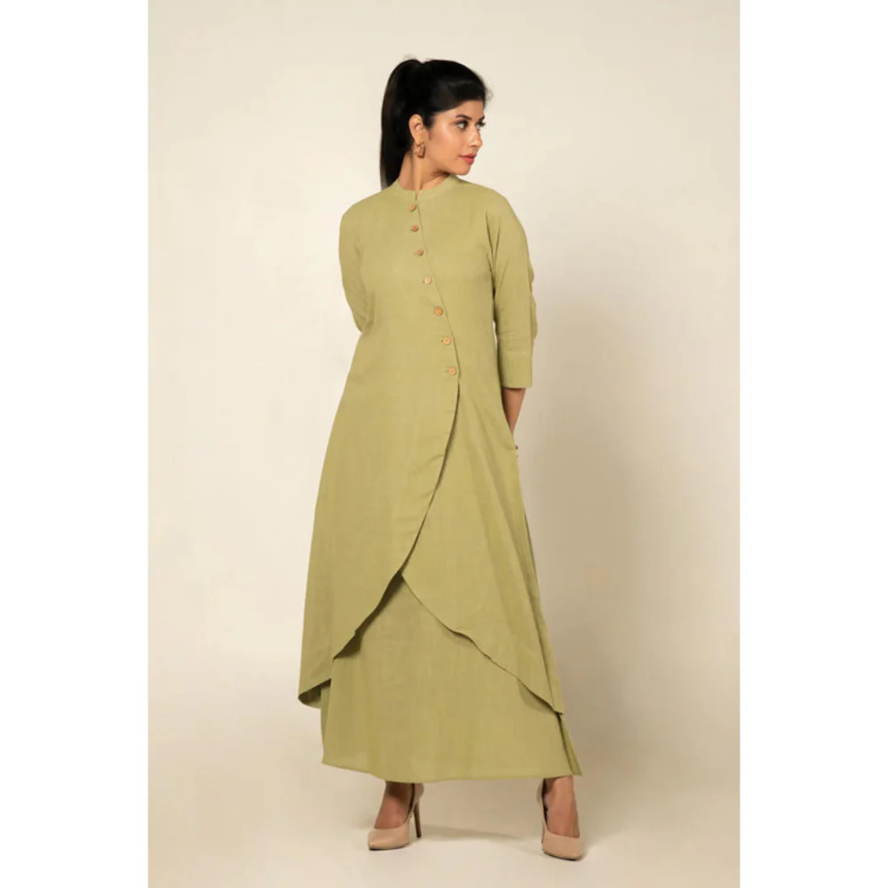 OMAANA Women Chanderi Green Kurta with Inner Skirt - Image 2