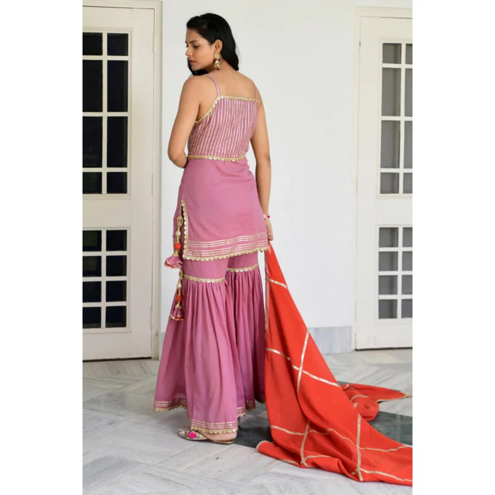 OMAANA Women Cotton Pink Kurta with Sharara and Dupatta - Image 2