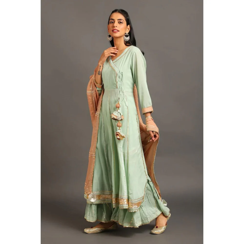 OMAANA Women Mulmul Green Kurta with Sharara and Dupatta - Image 4