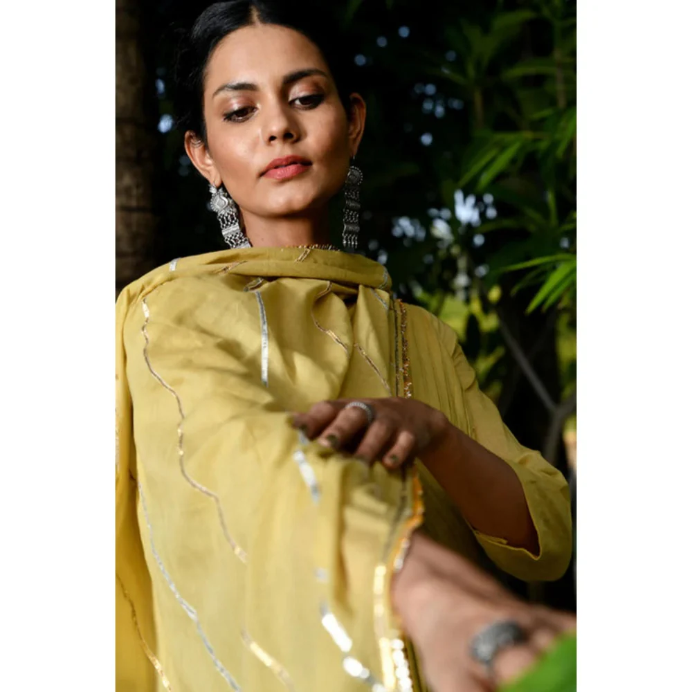 OMAANA Women Mulmul Yellow Angrakha Kurta with Churidar and Dupatta - Image 4