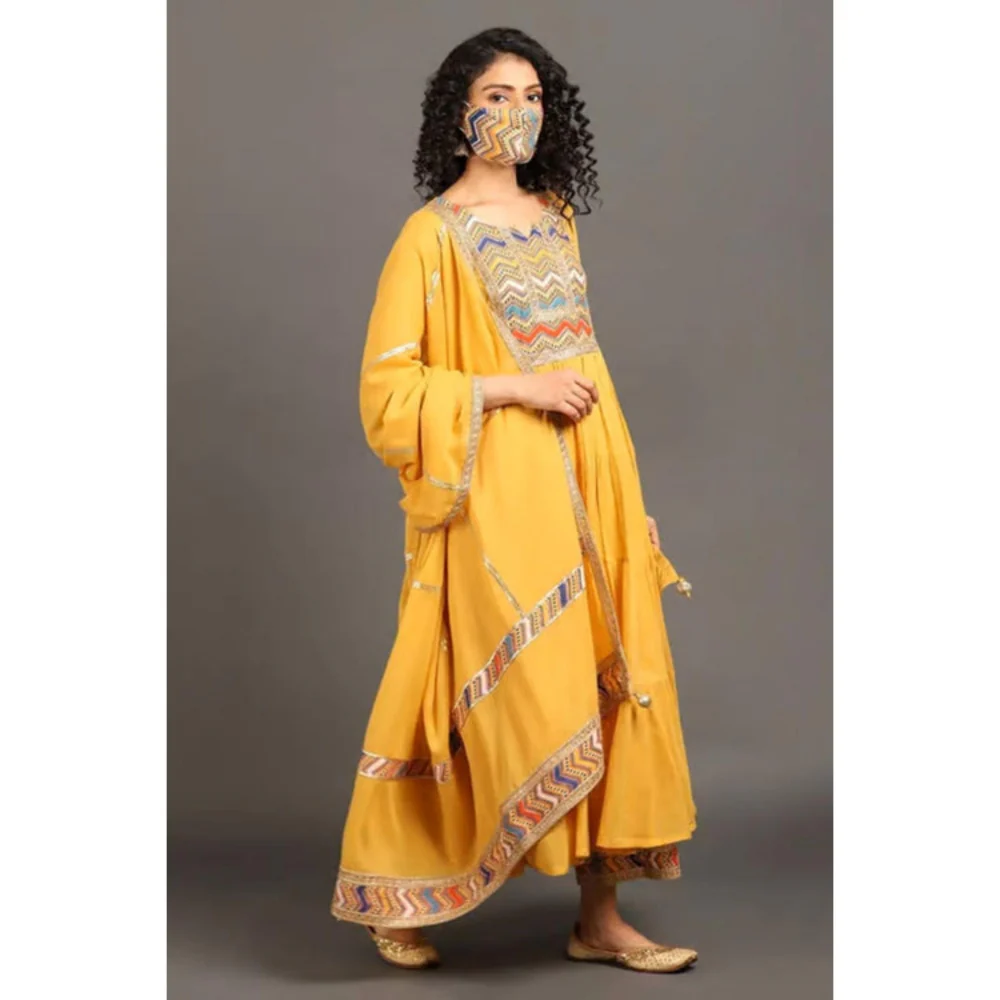 OMAANA Women Mulmul Yellow Kurta with Pant and Dupatta - Image 3