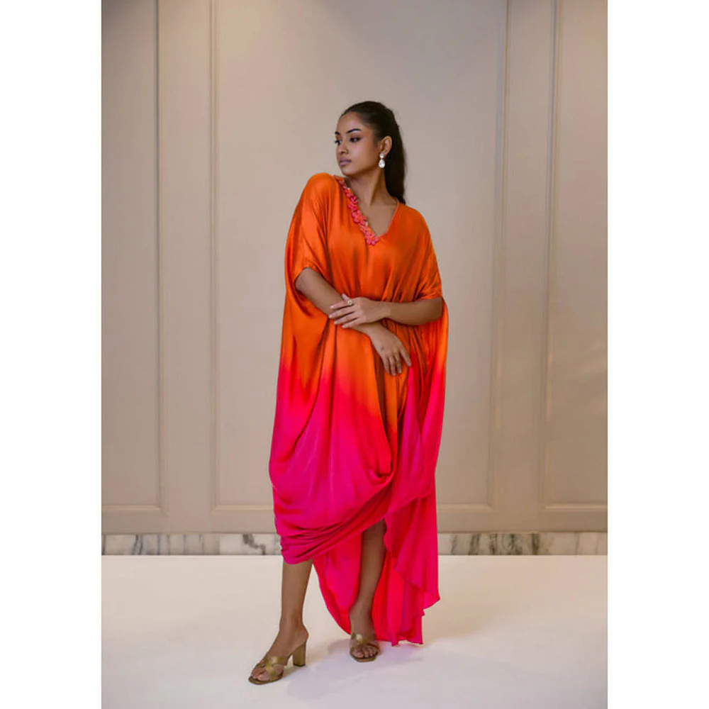 Omana by Ranjana Bothra Ombre Cowl Drape Kaftan - Orange And Pink - Image 4