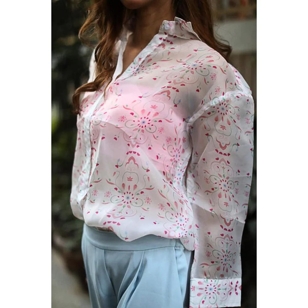 ORNAMAAS Sukoon Kamal White Organza Printed Shirt - Image 4