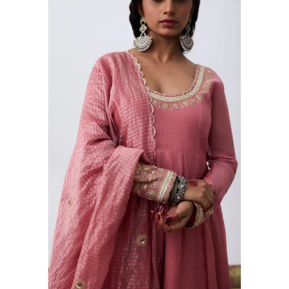 Pant AND PAJAMAS Women Chanderi Pink Kurta with Churidar - Image 3