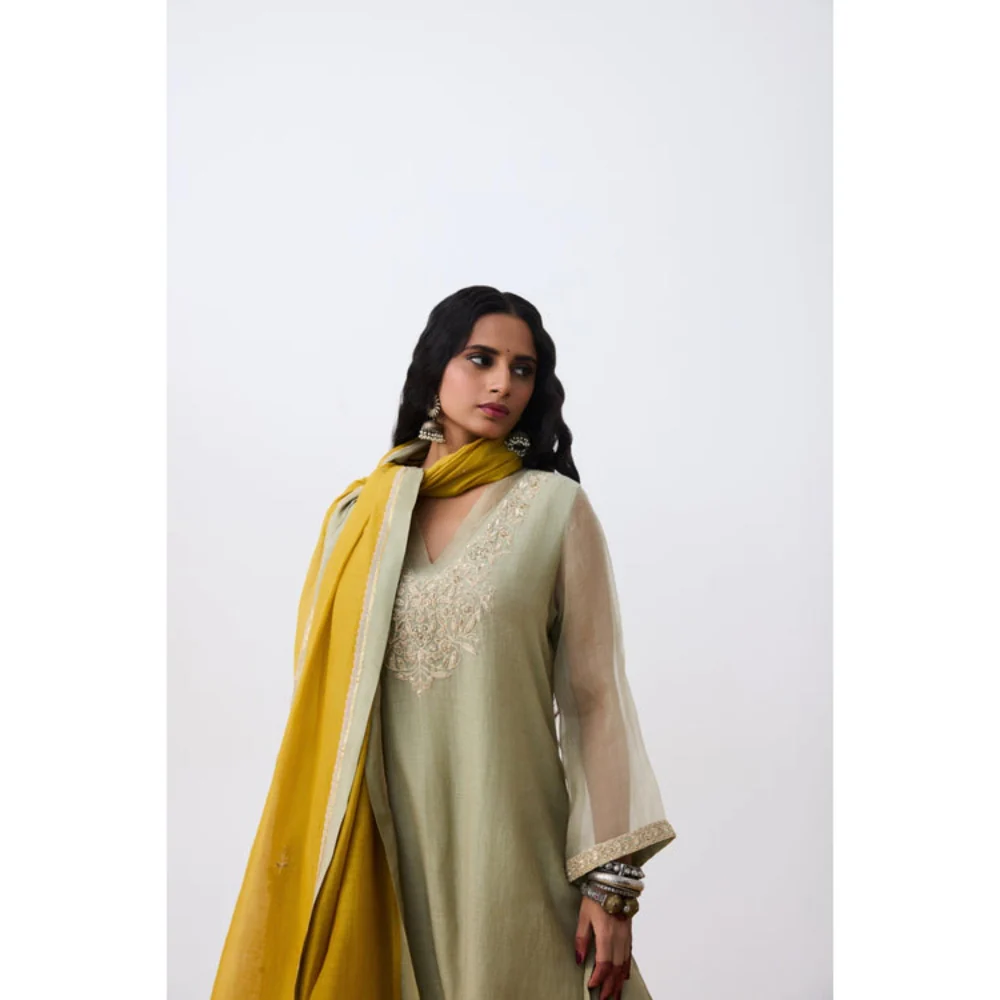 Pant AND PAJAMAS Women Cotton Silk Green Kurta with Pant and Dupatta - Image 7