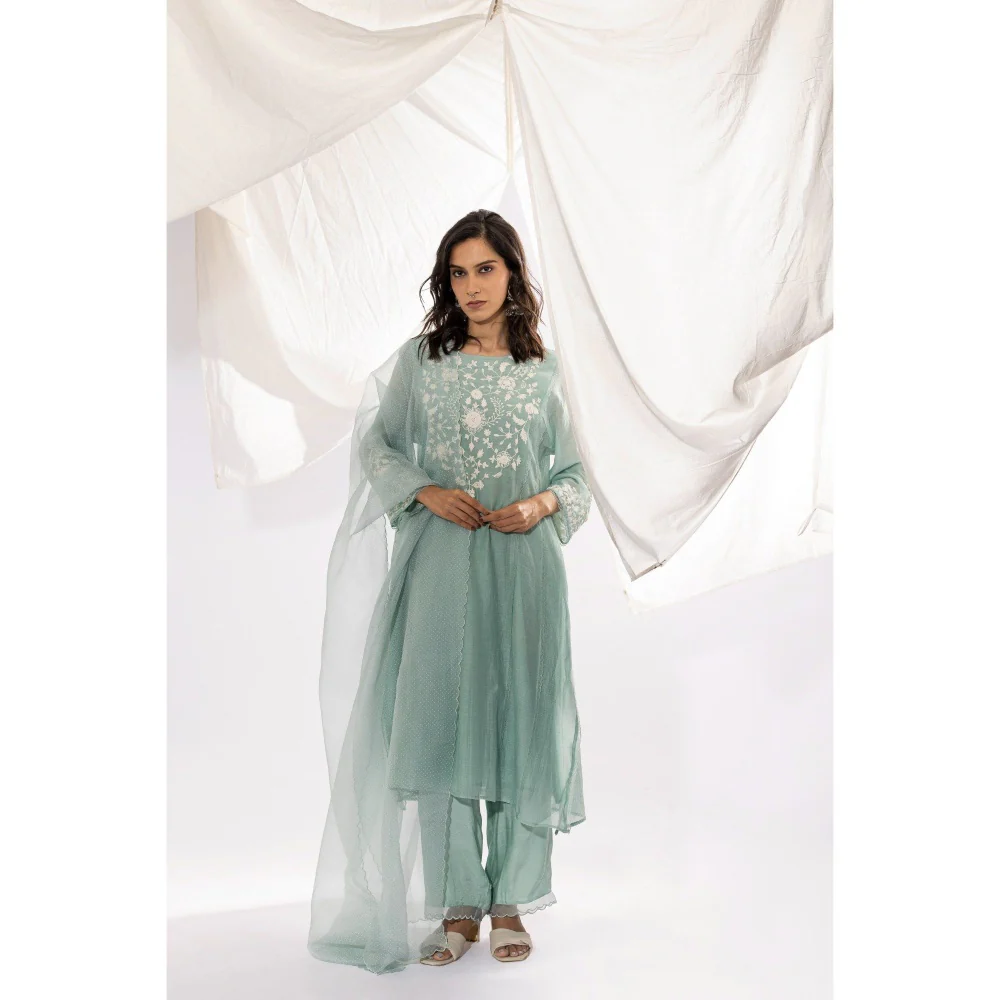 PANTS AND PAJAMAS Aqua Chanderi Mull Kurta, Inner with Pant & Dupatta (Set of 4)