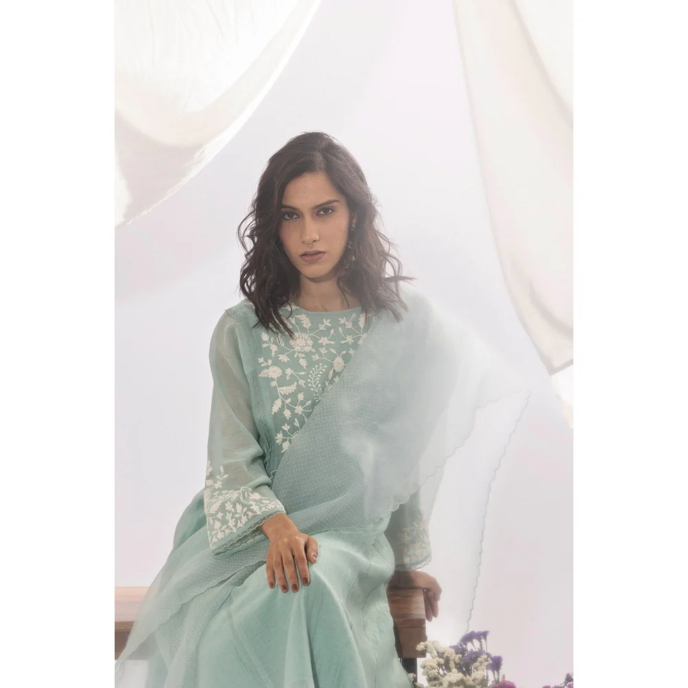 PANTS AND PAJAMAS Aqua Chanderi Mull Kurta, Inner with Pant & Dupatta (Set of 4) - Image 6