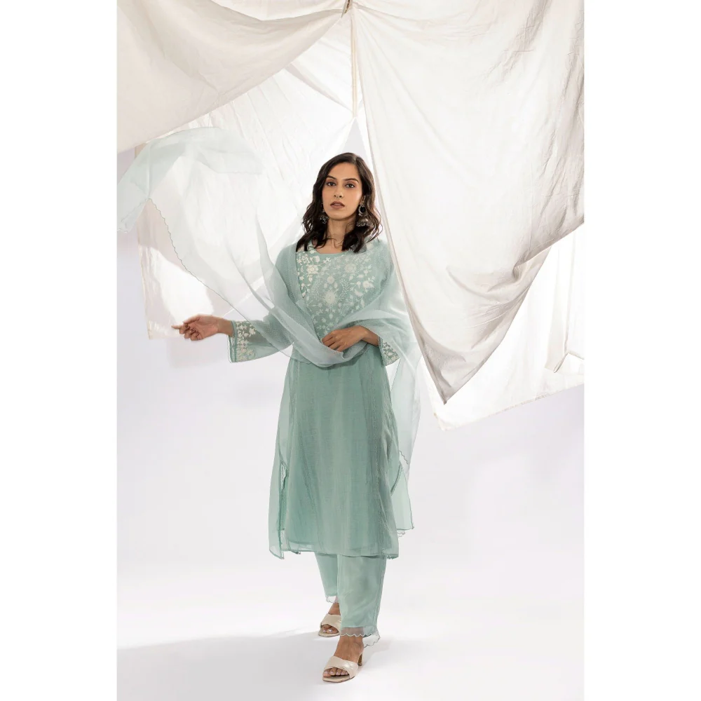 PANTS AND PAJAMAS Aqua Chanderi Mull Kurta, Inner with Pant & Dupatta (Set of 4) - Image 8