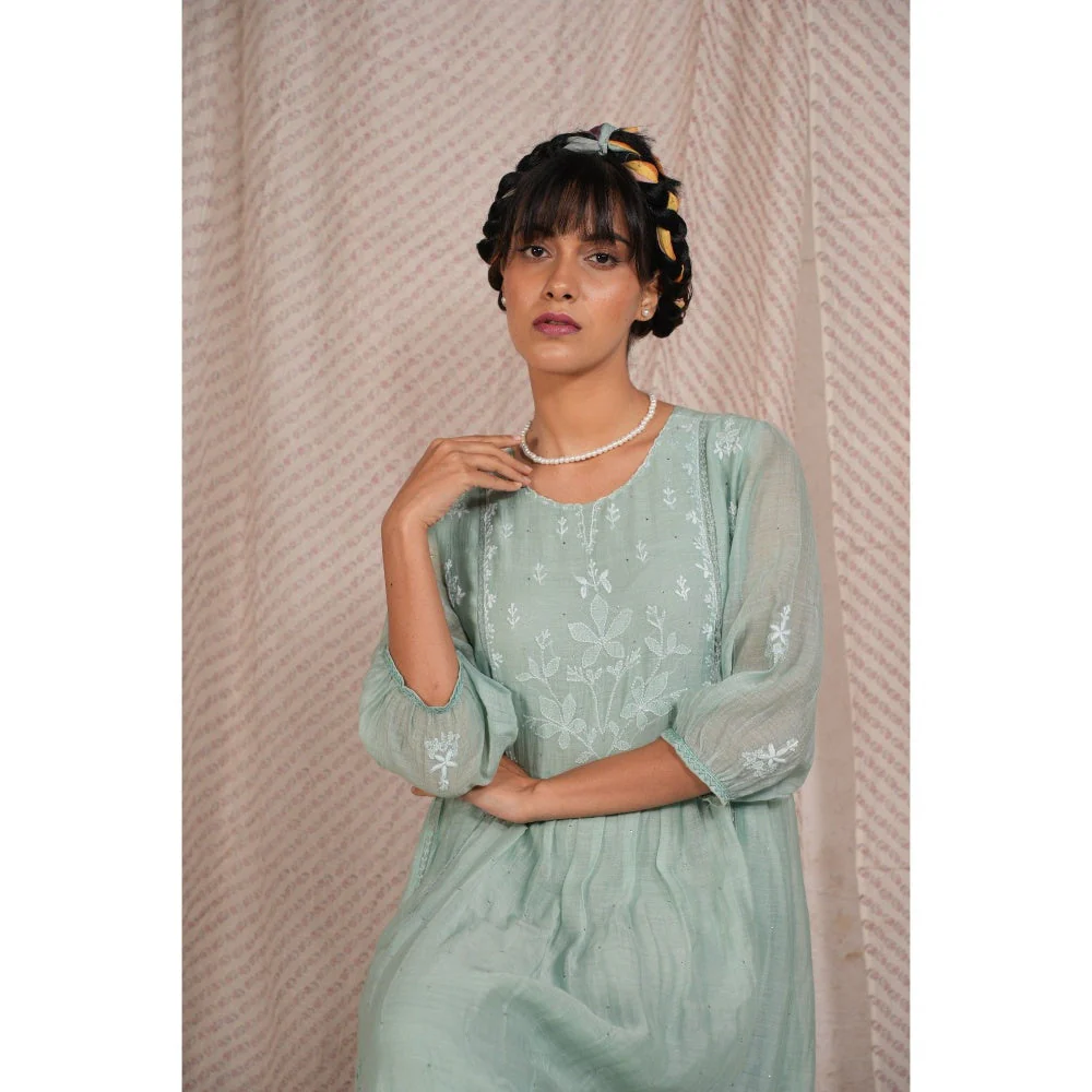 PANTS AND PAJAMAS Aqua Chikan Embroidered Kurta (Set of 3) - Image 6