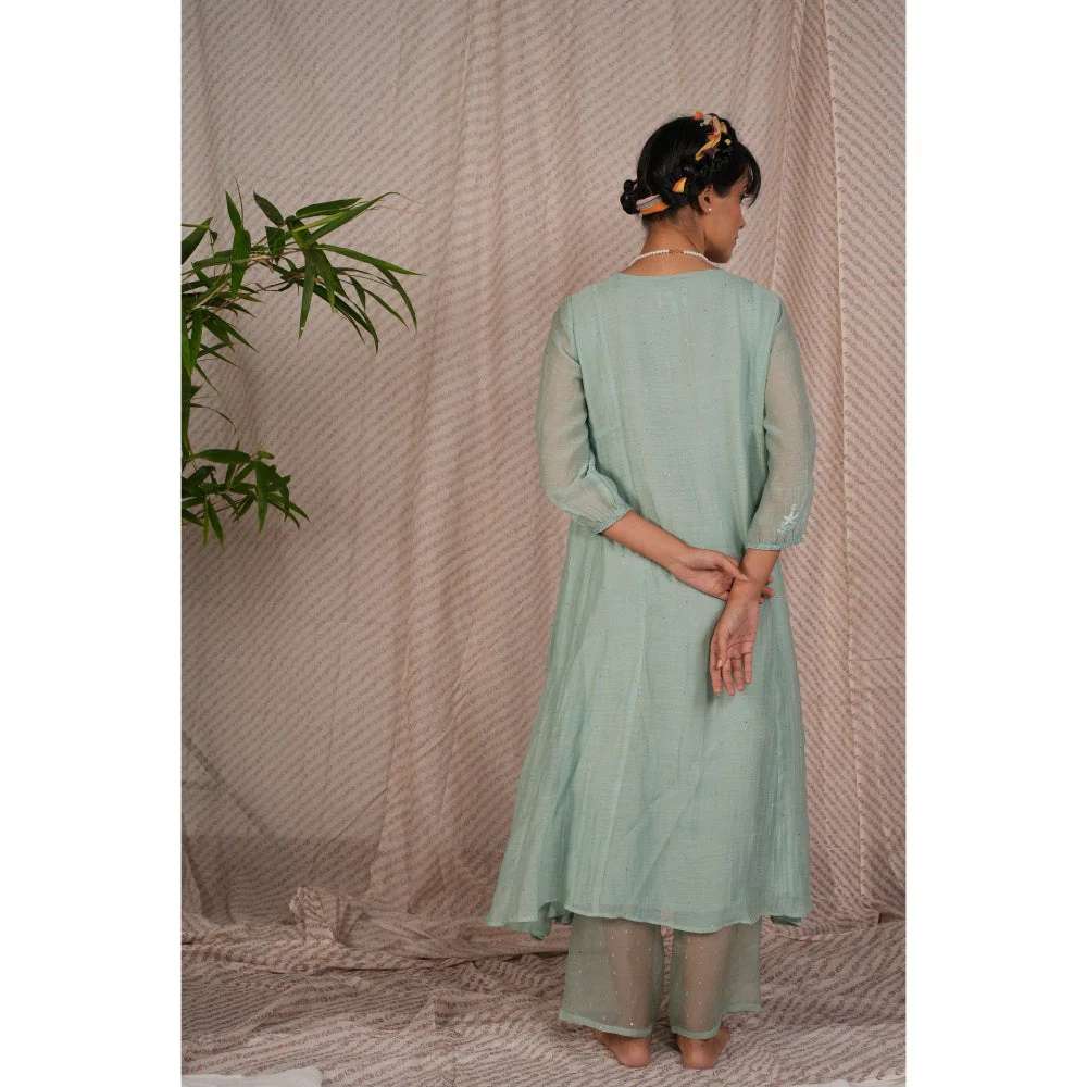PANTS AND PAJAMAS Aqua Chikan Embroidered Kurta (Set of 3) - Image 8