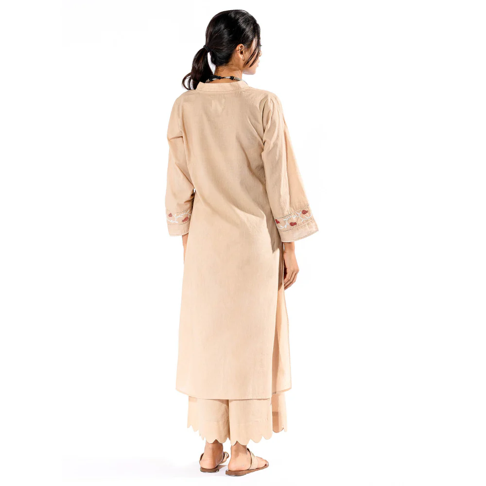 PANTS AND PAJAMAS Beige Chikan Cotton Kurta & Palazzo (Set of 2) - Image 2