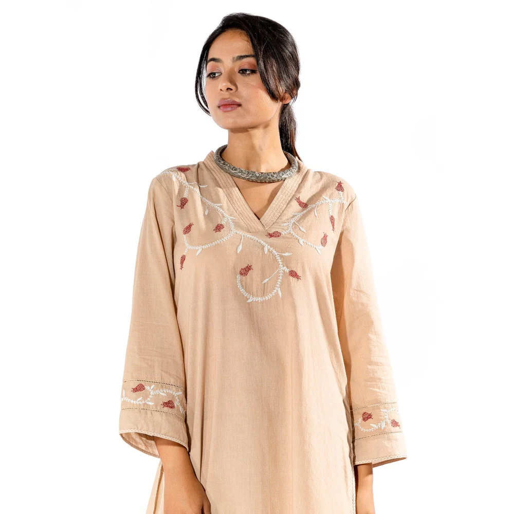 PANTS AND PAJAMAS Beige Chikan Cotton Kurta & Palazzo (Set of 2) - Image 8