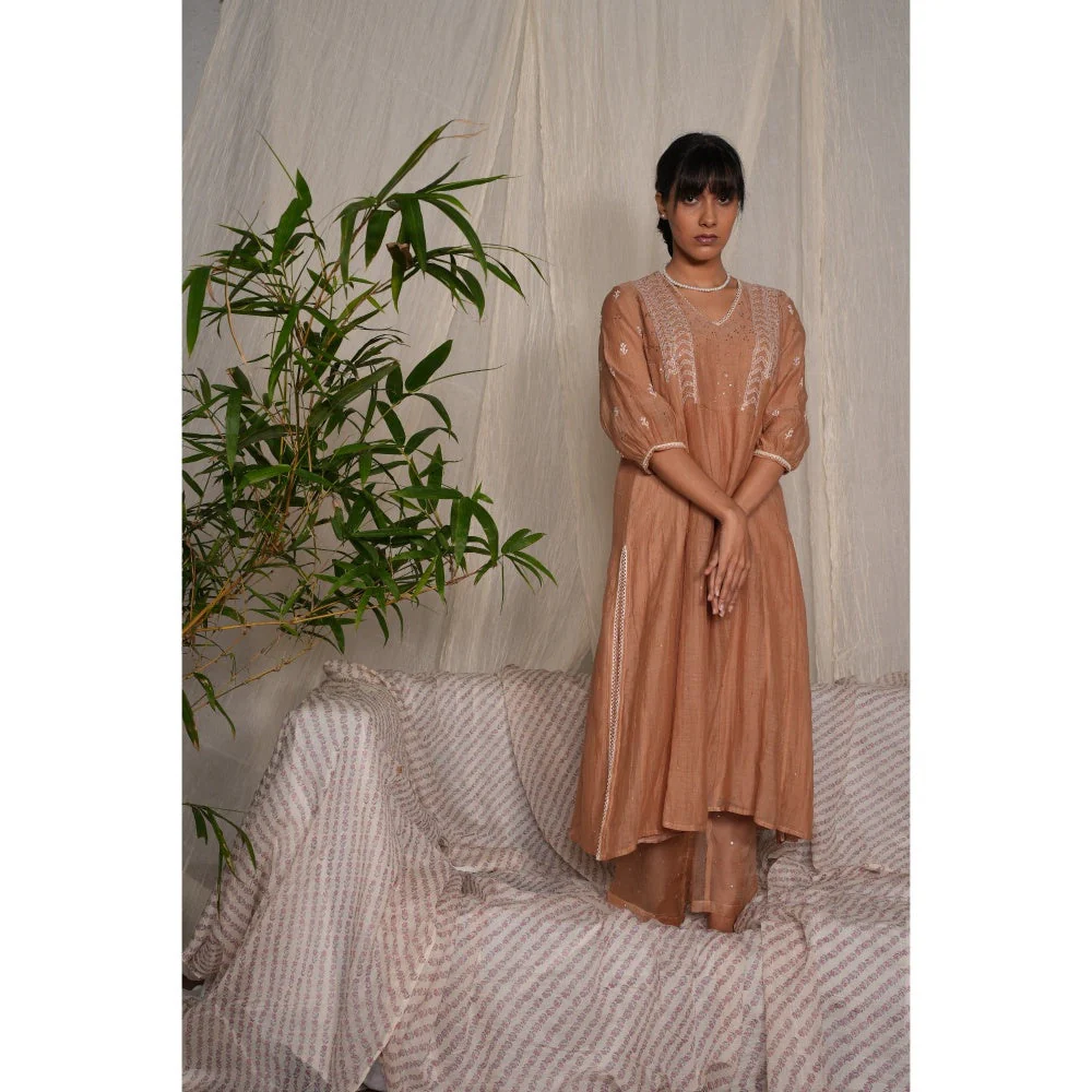 PANTS AND PAJAMAS Beige Chikan Embroidered Kurta (Set of 3) - Image 8