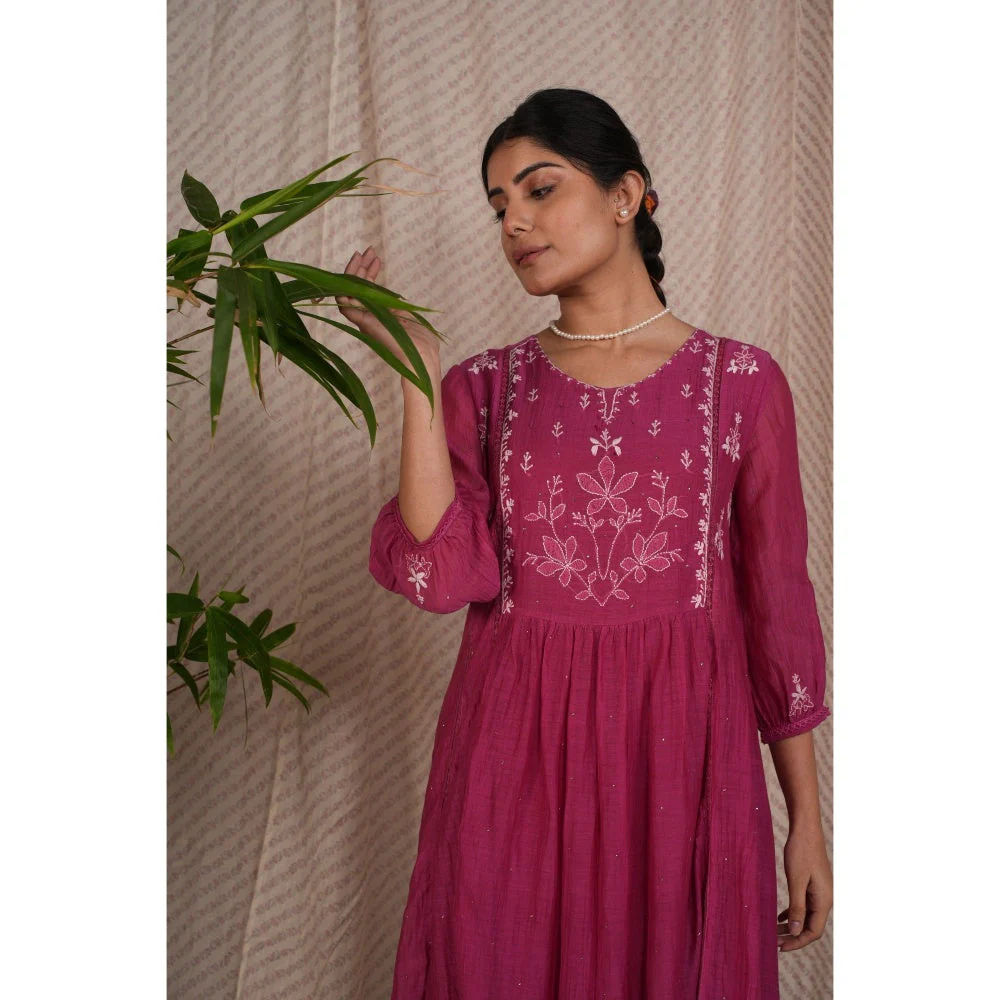 PANTS AND PAJAMAS Berry Chikan Embroidered Kurta (Set of 3) - Image 8