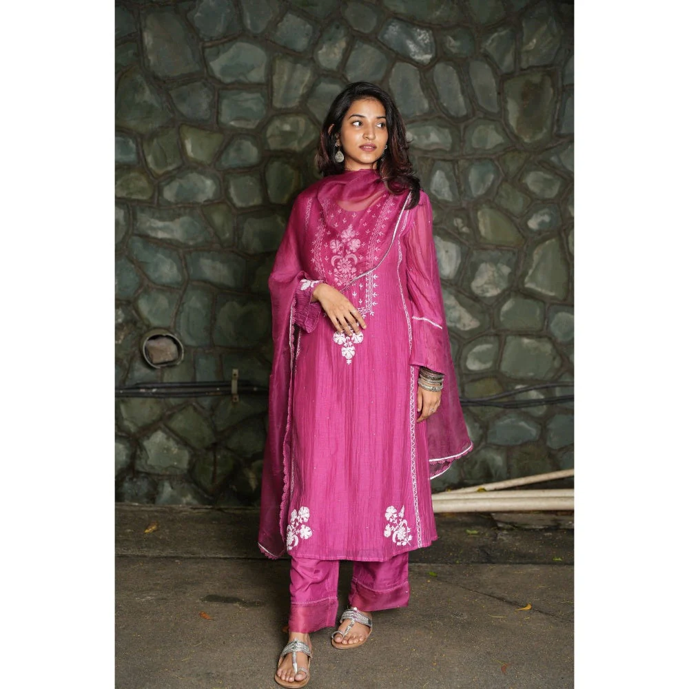 PANTS AND PAJAMAS Berry Chikan Embroidered Kurta (Set of 3) - Image 3