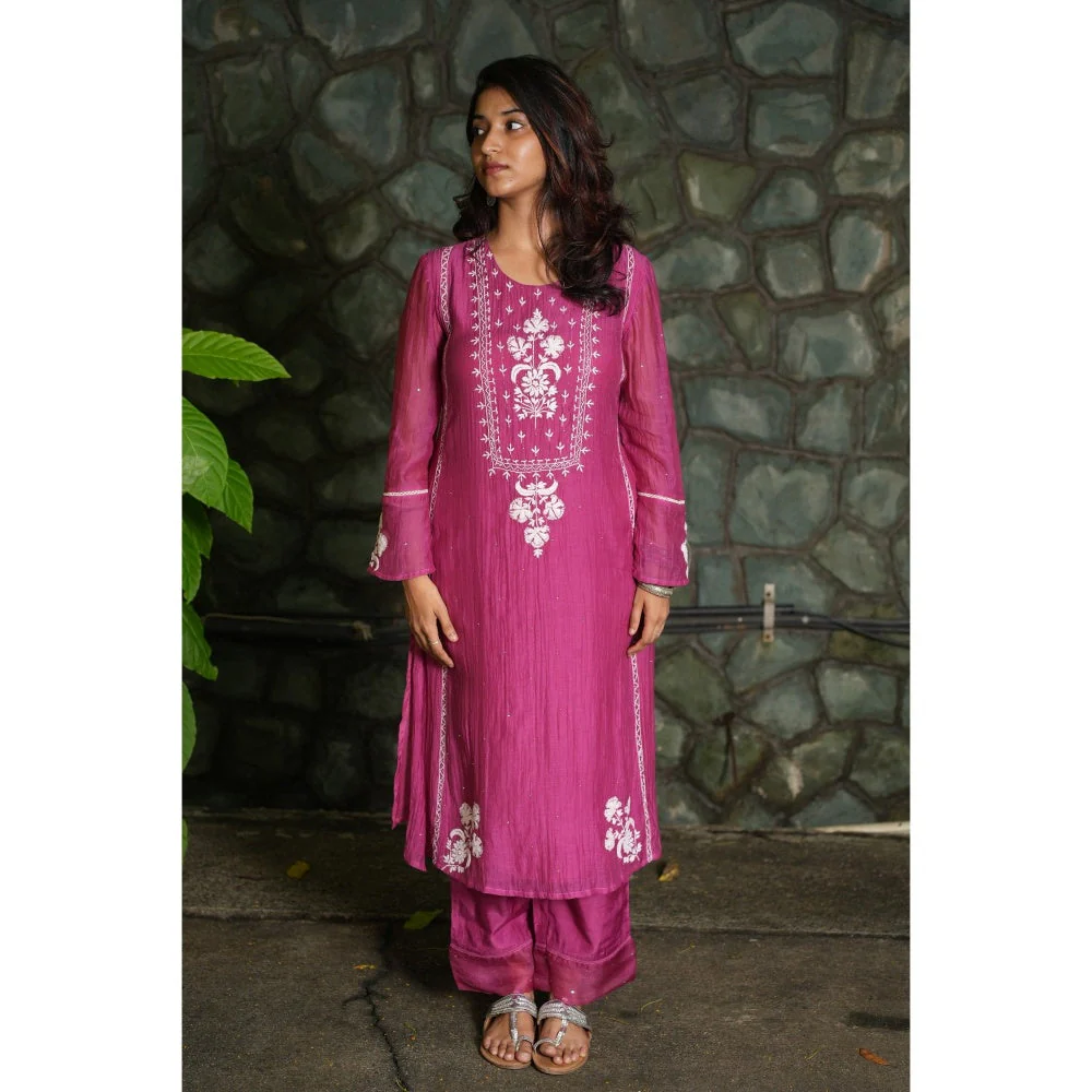 PANTS AND PAJAMAS Berry Chikan Embroidered Kurta (Set of 3) - Image 5