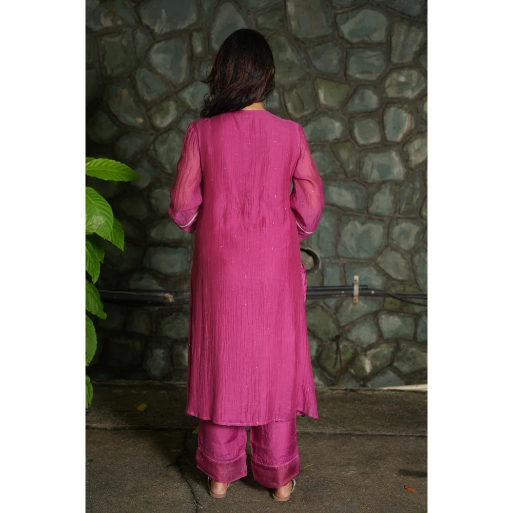 PANTS AND PAJAMAS Berry Chikan Embroidered Kurta (Set of 3) - Image 7