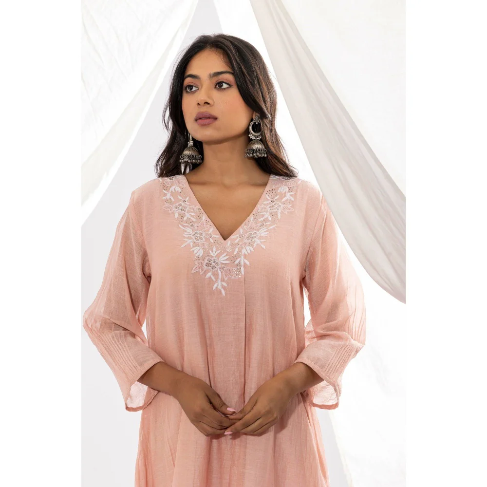 PANTS AND PAJAMAS Blush Pink Chanderi Mull Chikan Kurta with Pant & Dupatta (Set of 3) - Image 7