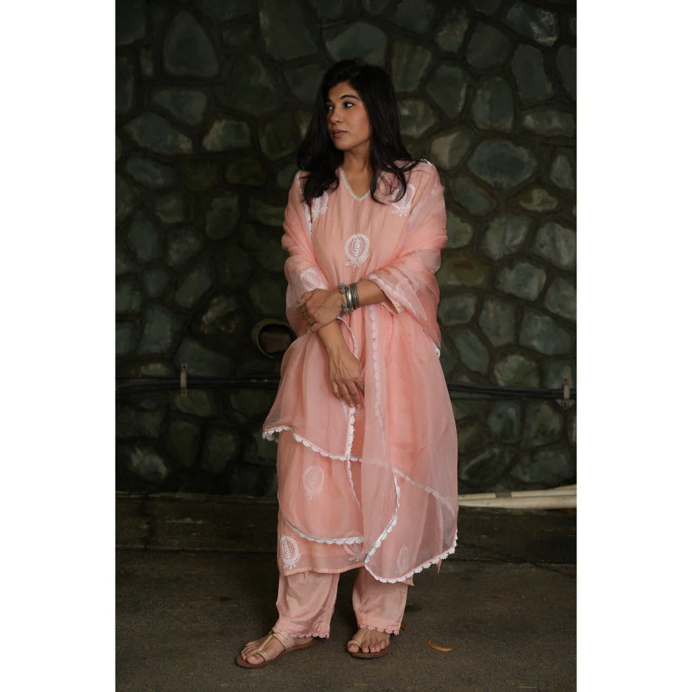PANTS AND PAJAMAS Blush Pink Chikan Embroidered Kurta (Set of 3)