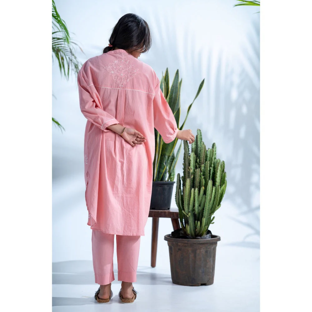 PANTS AND PAJAMAS Cerise Dark Blush Pink Chikan in Cotton Shirt and Cotton Bottom (Set of 2) - Image 2