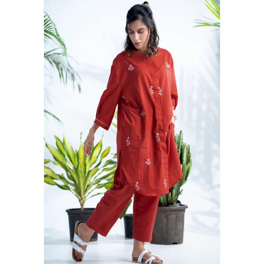 PANTS AND PAJAMAS Claret Red Chikan in Cotton Shirt and Cotton Bottom (Set of 2) - Image 5