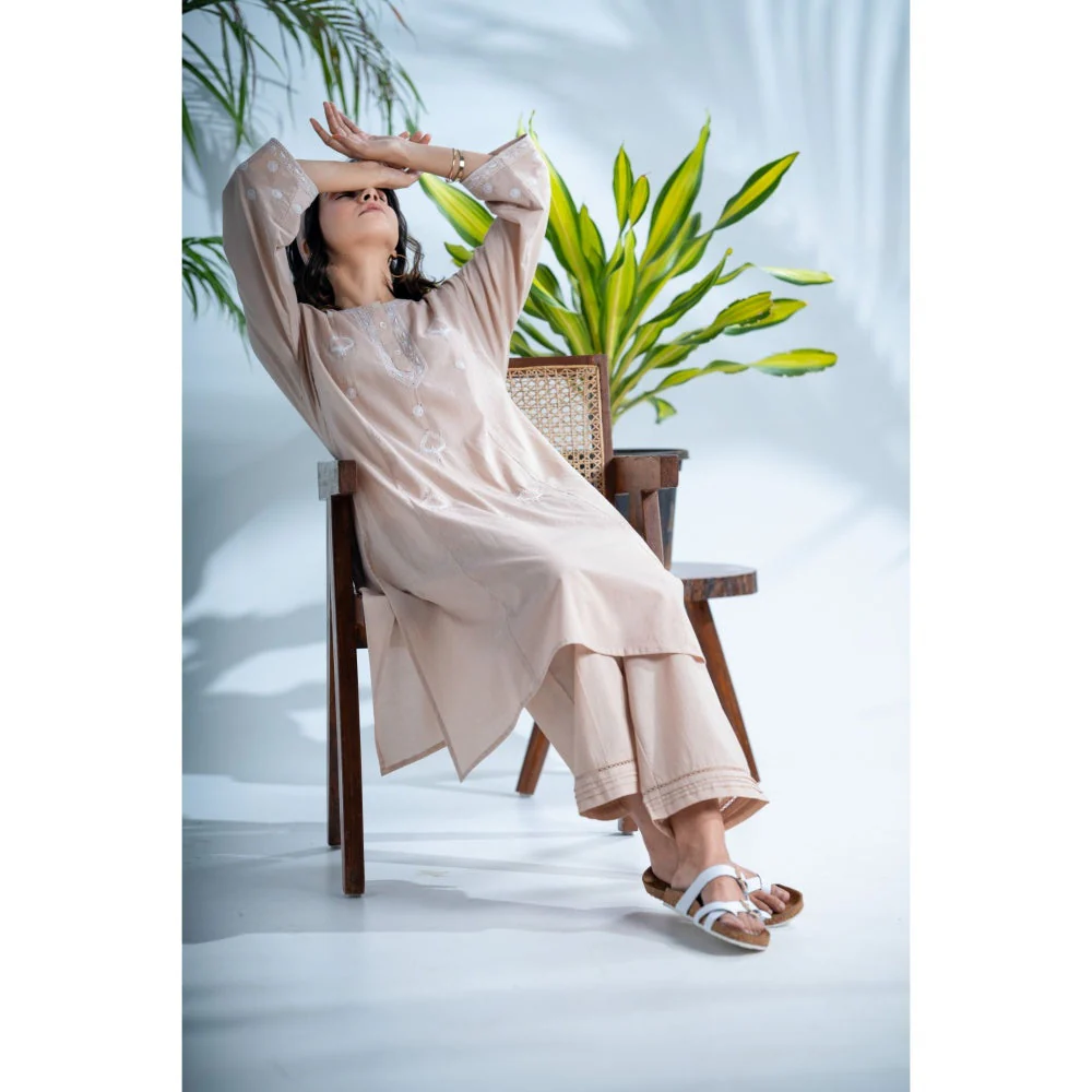 PANTS AND PAJAMAS Hazel Beige Chikankari in Cotton and Chanderi Dupatta (Set of 3) - Image 2