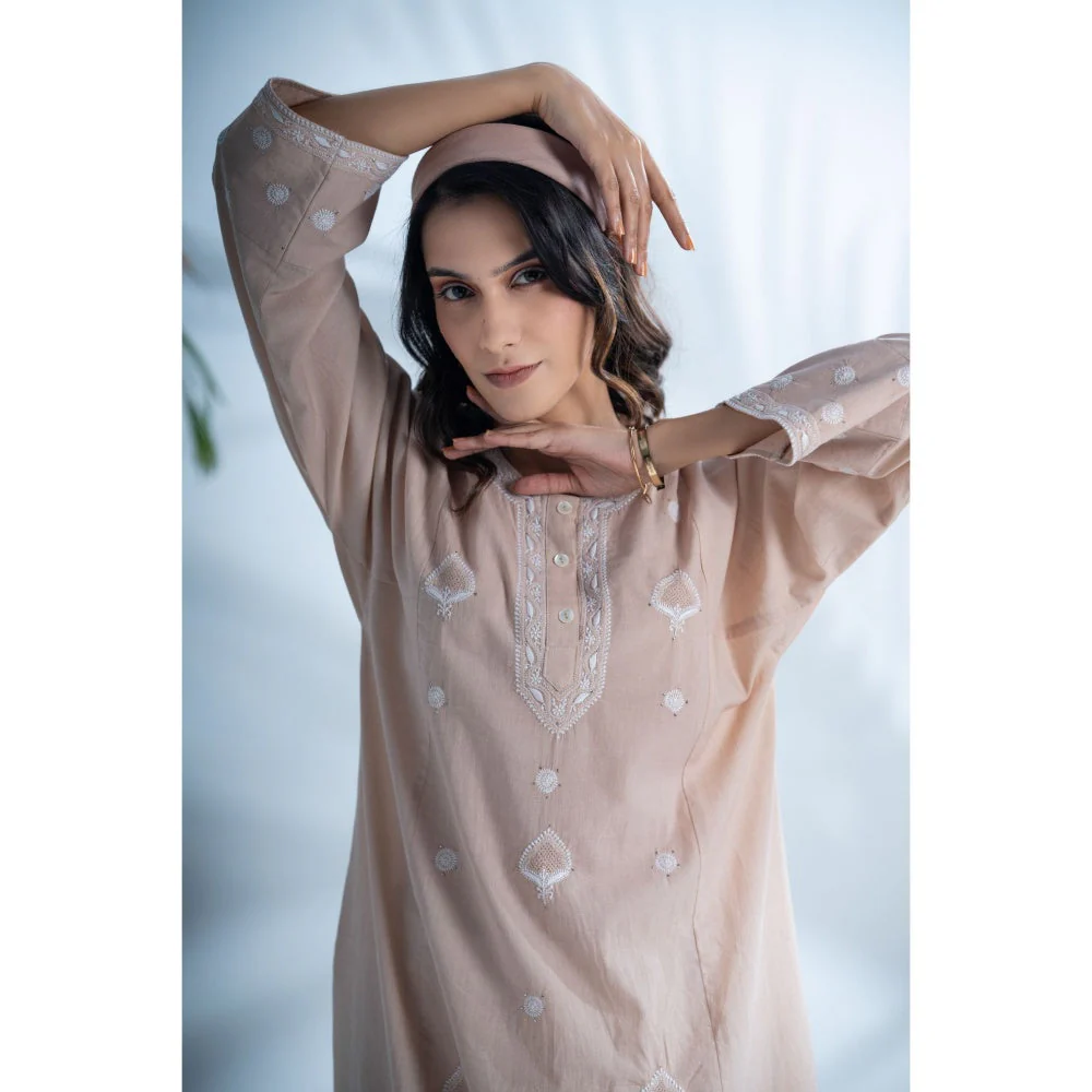 PANTS AND PAJAMAS Hazel Beige Chikankari in Cotton and Chanderi Dupatta (Set of 3) - Image 7