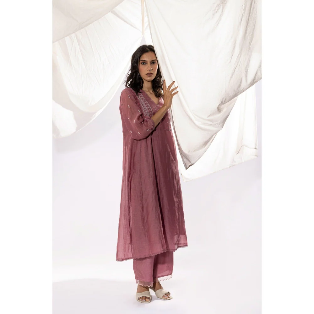 PANTS AND PAJAMAS Mauve Chanderi Mull Chikan Kurta - Image 6