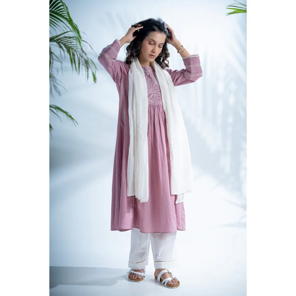 PANTS AND PAJAMAS Mauve Lilac Chikankari in Cotton and Chanderi Dupatta (Set of 3) - Image 3