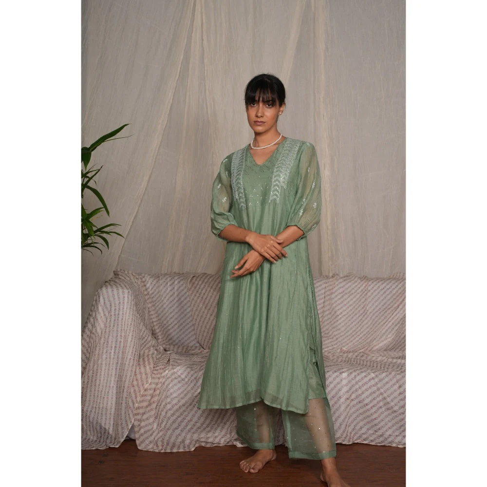 PANTS AND PAJAMAS Moss Green Chikan Embroidered Kurta (Set of 3) - Image 5
