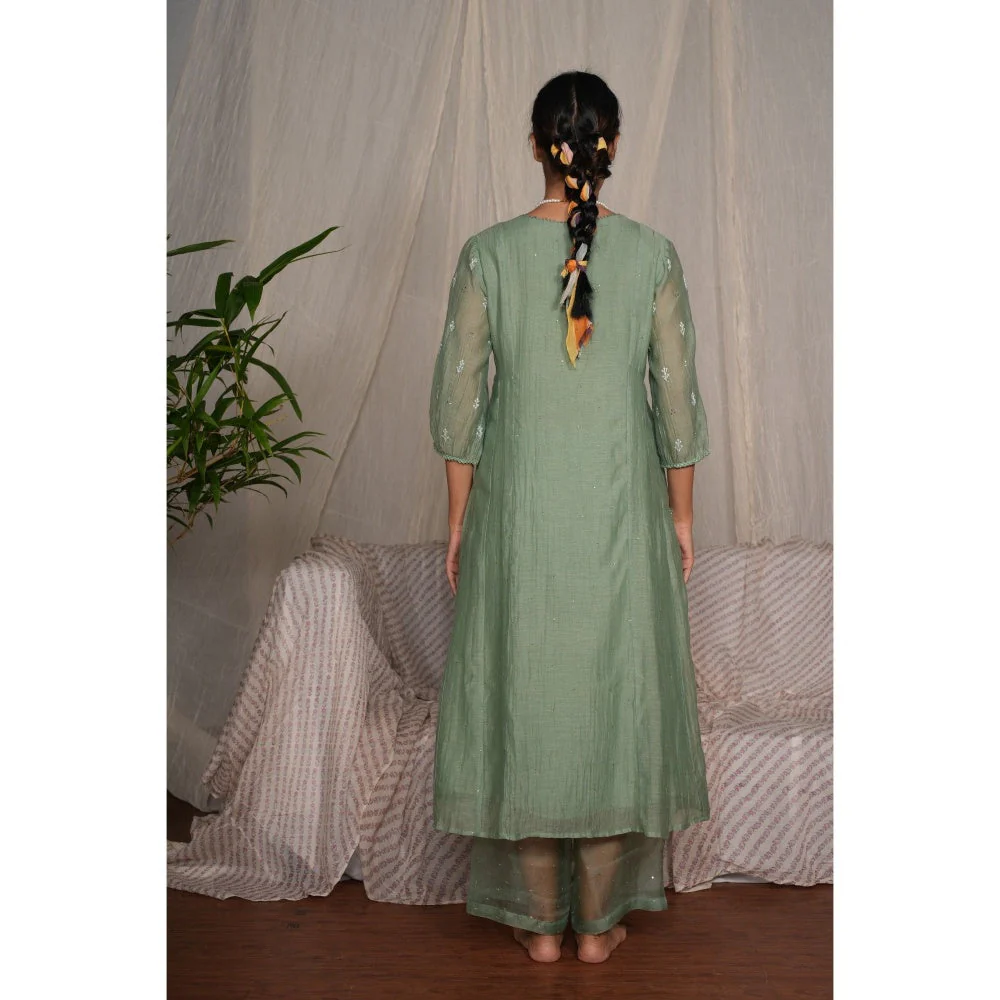 PANTS AND PAJAMAS Moss Green Chikan Embroidered Kurta (Set of 3) - Image 7