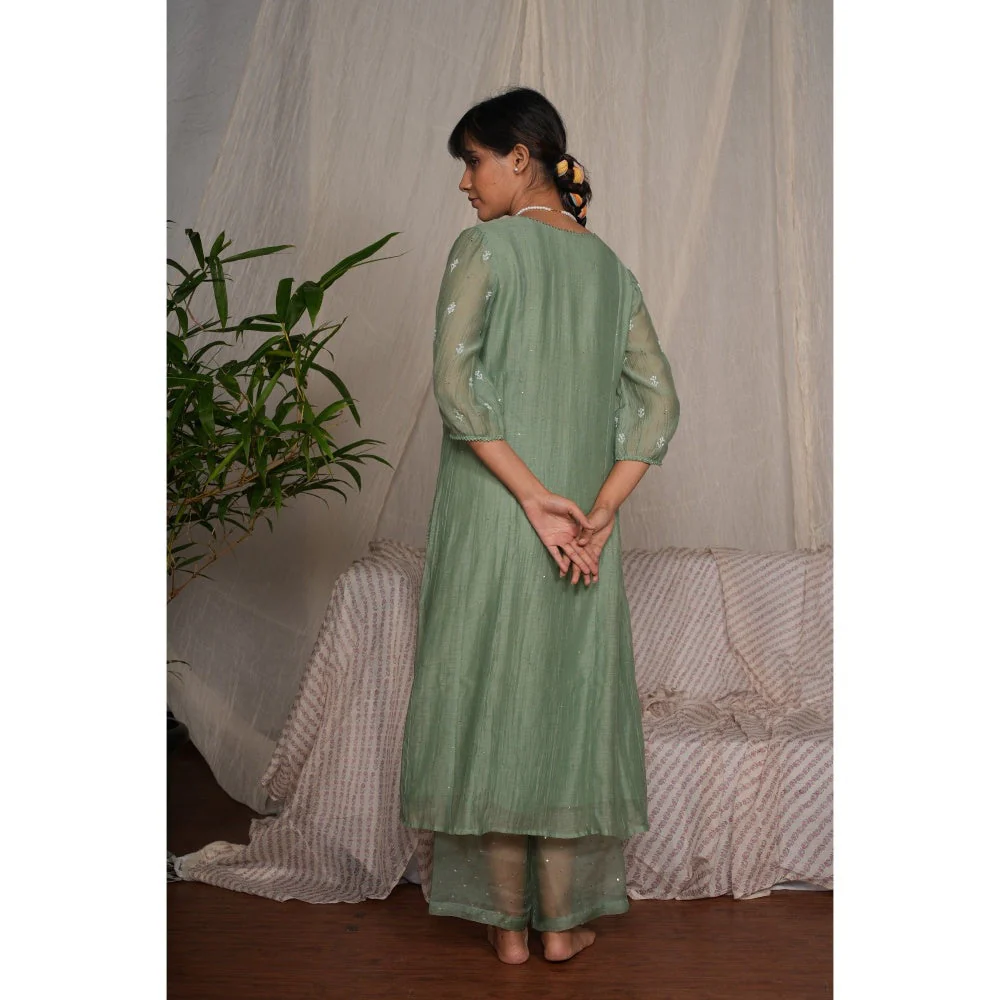 PANTS AND PAJAMAS Moss Green Chikan Embroidered Kurta (Set of 3) - Image 8