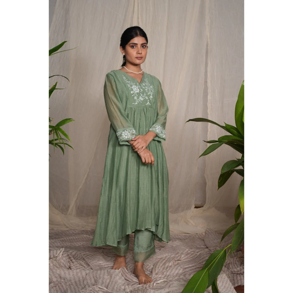 PANTS AND PAJAMAS Moss Green Chikan Embroidered Kurta (Set of 3) - Image 3