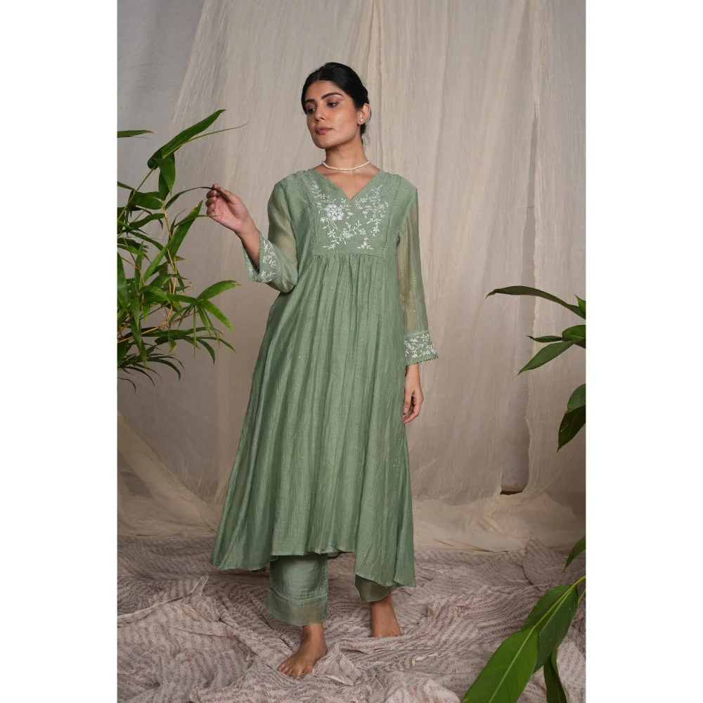 PANTS AND PAJAMAS Moss Green Chikan Embroidered Kurta (Set of 3) - Image 4