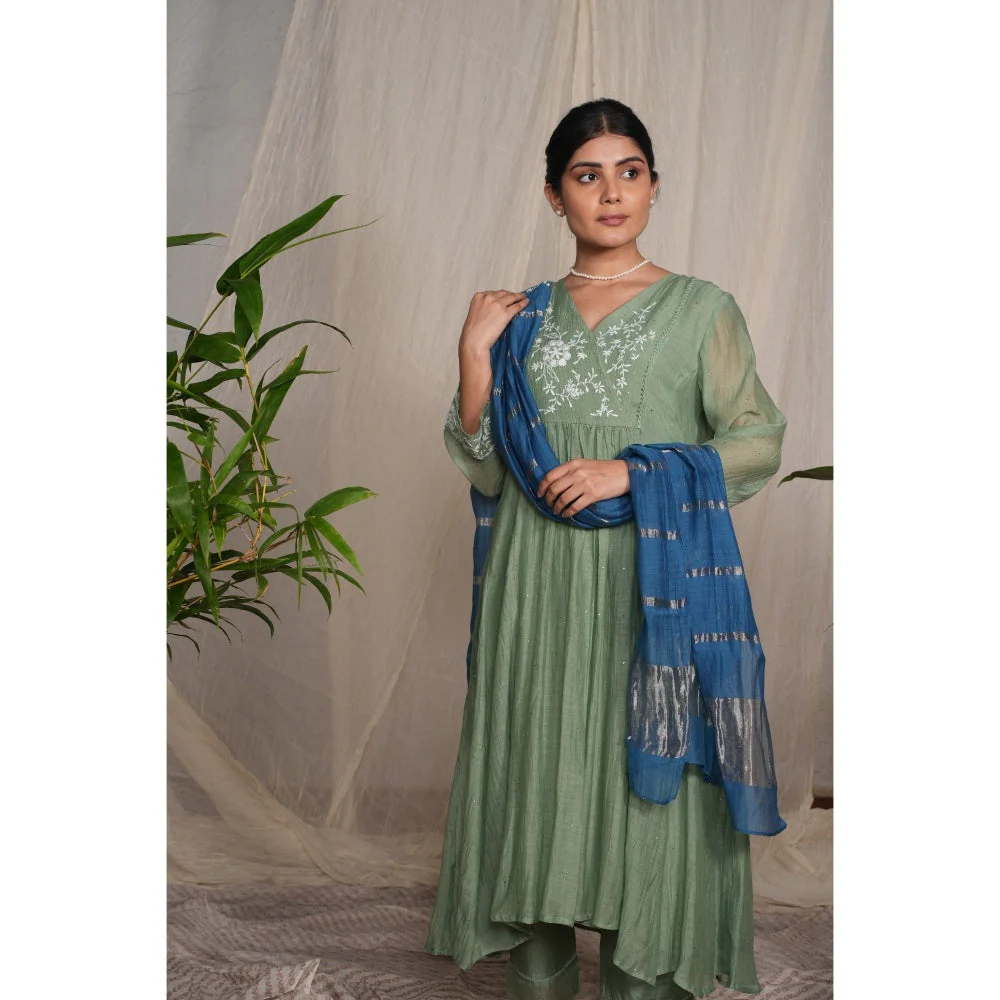 PANTS AND PAJAMAS Moss Green Chikan Embroidered Kurta (Set of 3) - Image 7