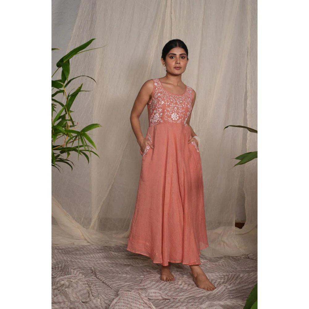 PANTS AND PAJAMAS Peach Chikan Chanderi Mull Dress