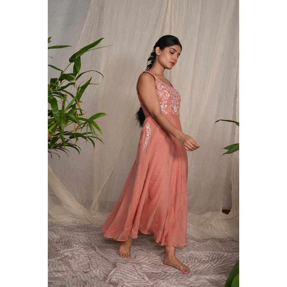 PANTS AND PAJAMAS Peach Chikan Chanderi Mull Dress - Image 3