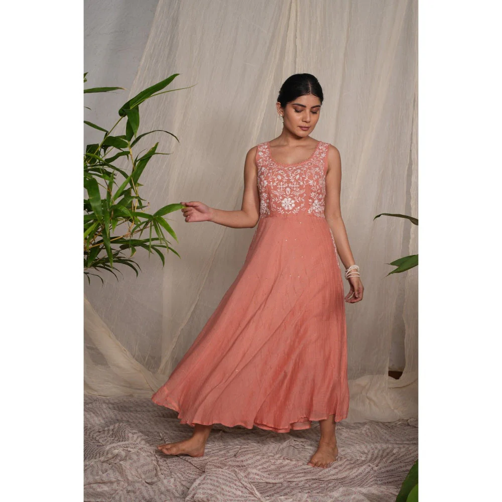 PANTS AND PAJAMAS Peach Chikan Chanderi Mull Dress - Image 4