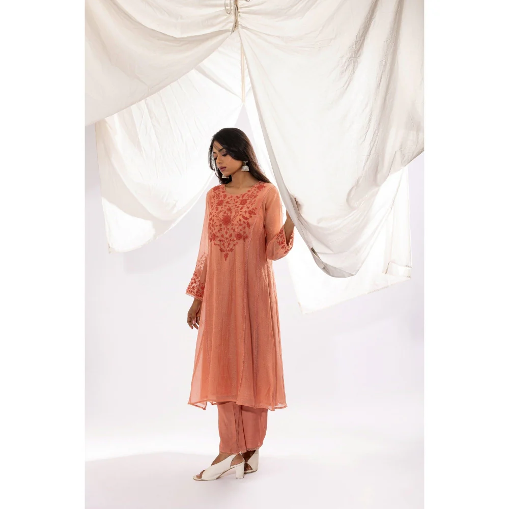 PANTS AND PAJAMAS Peach Printed Chanderi Mull Kurta with Pant & Dupatta (Set of 3)