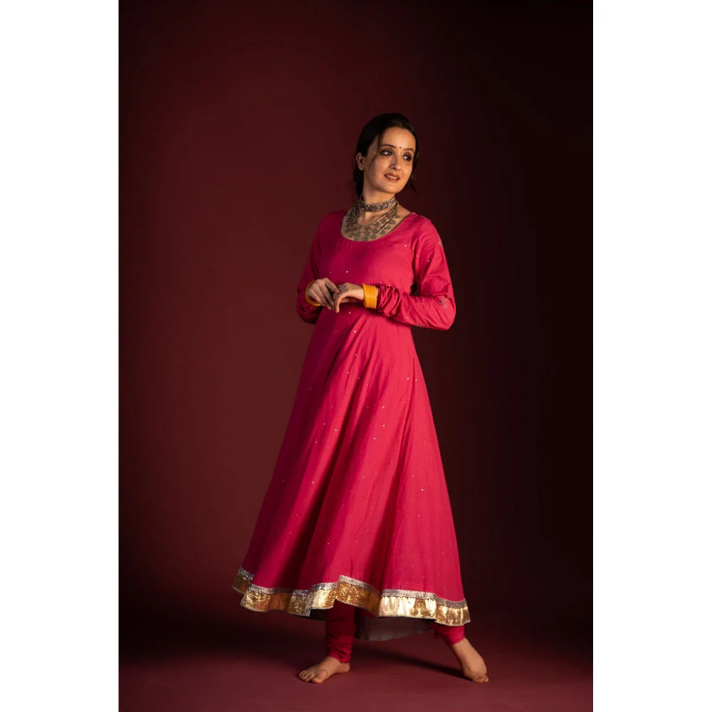 PANTS AND PAJAMAS Pink Mangal Chikan Kurta with Foil Print Dupatta (Set of 3) - Image 4