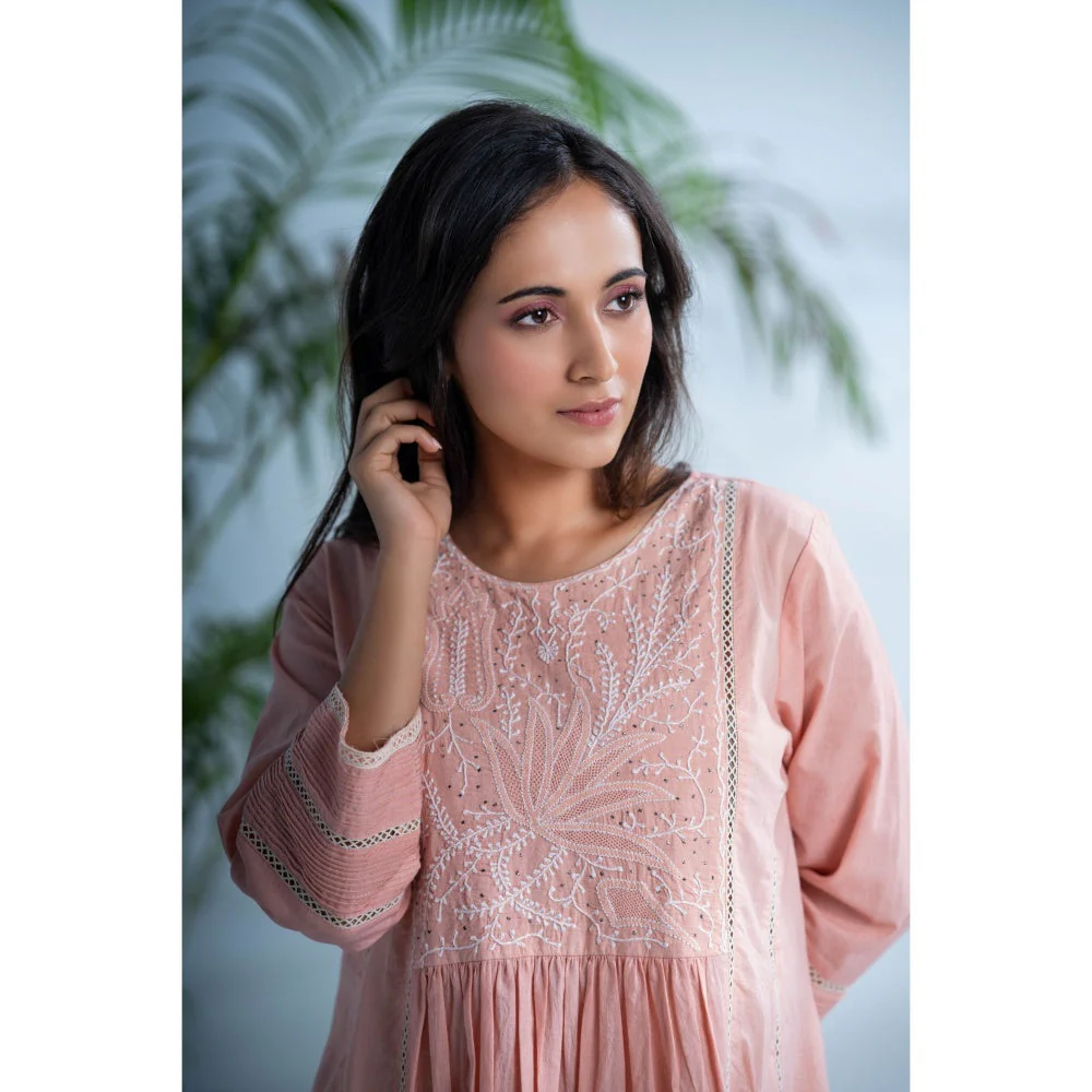 PANTS AND PAJAMAS Rozovo Blush Pink Chikankari in Cotton Kurta and Cotton Bottom (Set of 2) - Image 5